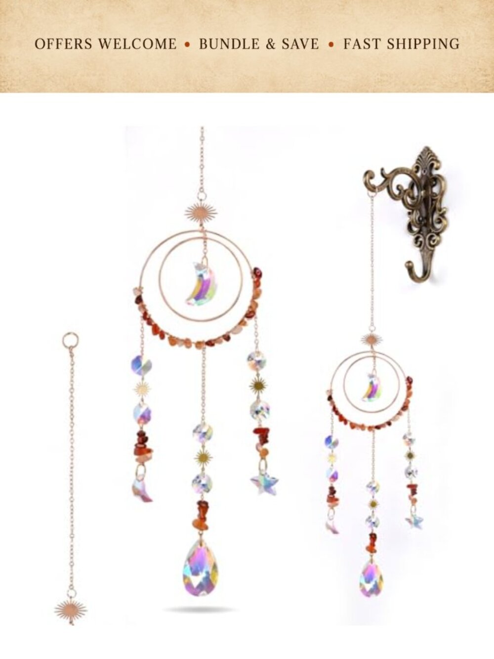 Crystal Suncatcher Red Agate Rainbow Maker Sun Moon Star Window Decor Gift